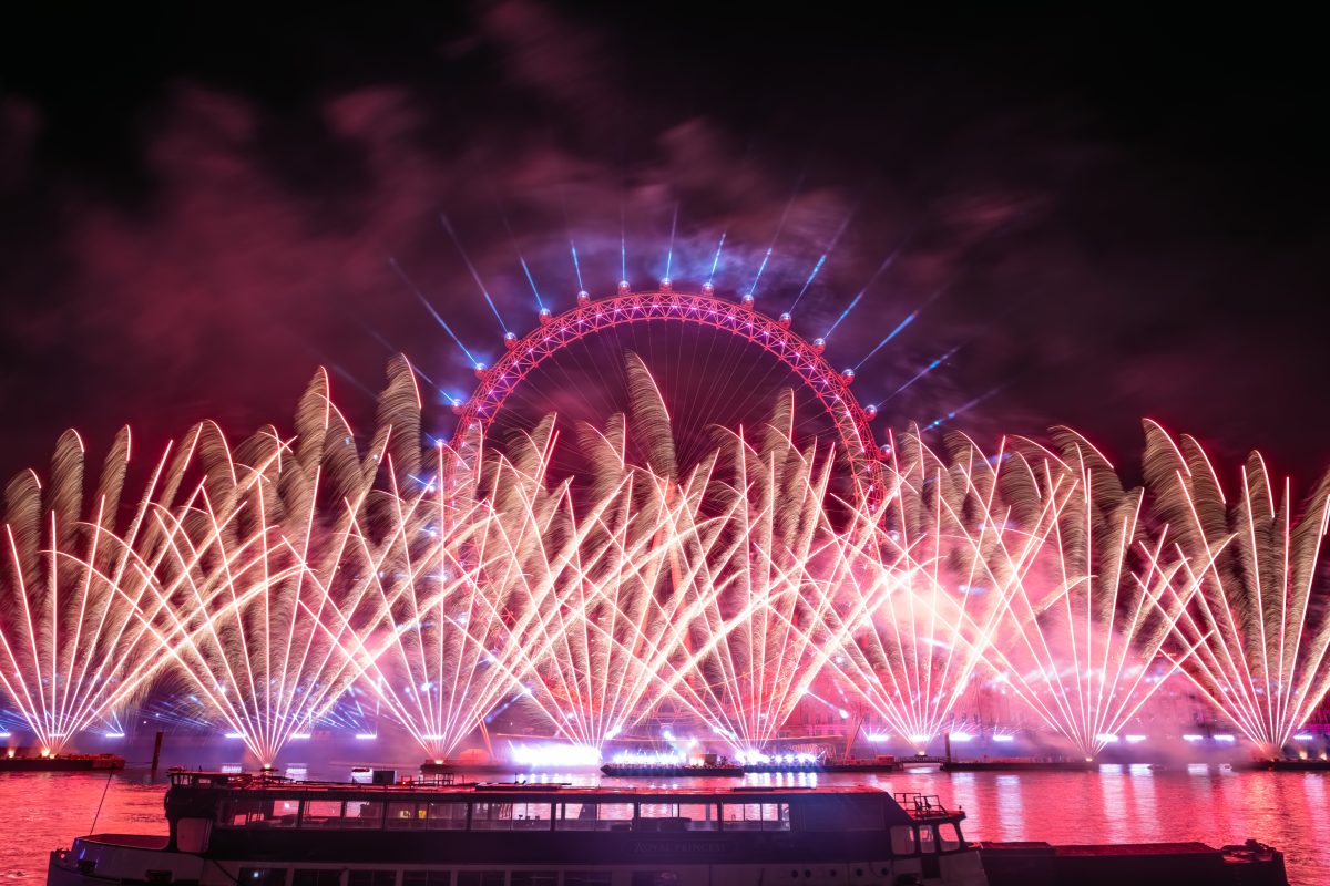 Fireworks in front of the London eye for New Years Eve in London