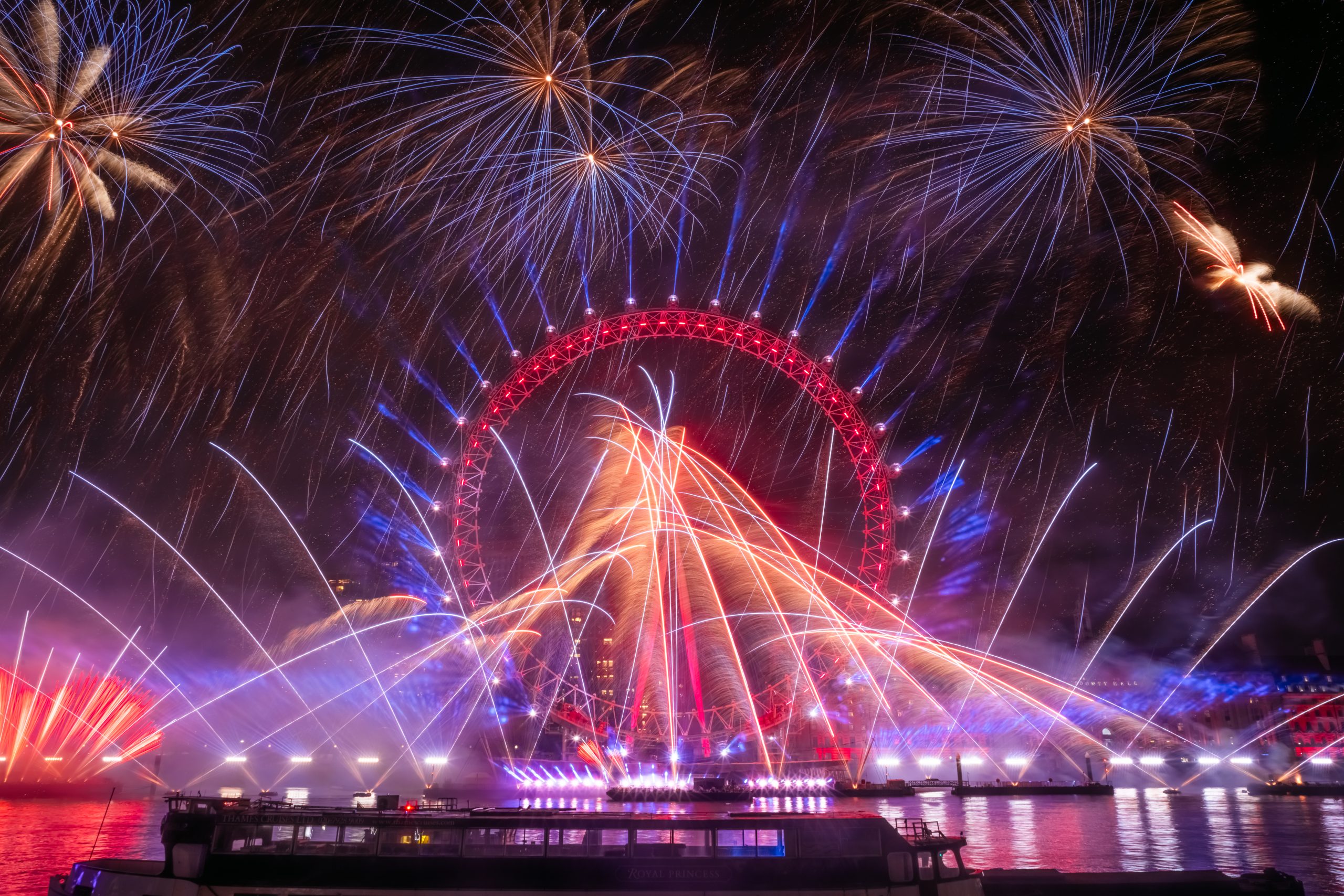 An impressive display of fireworks around the London eye