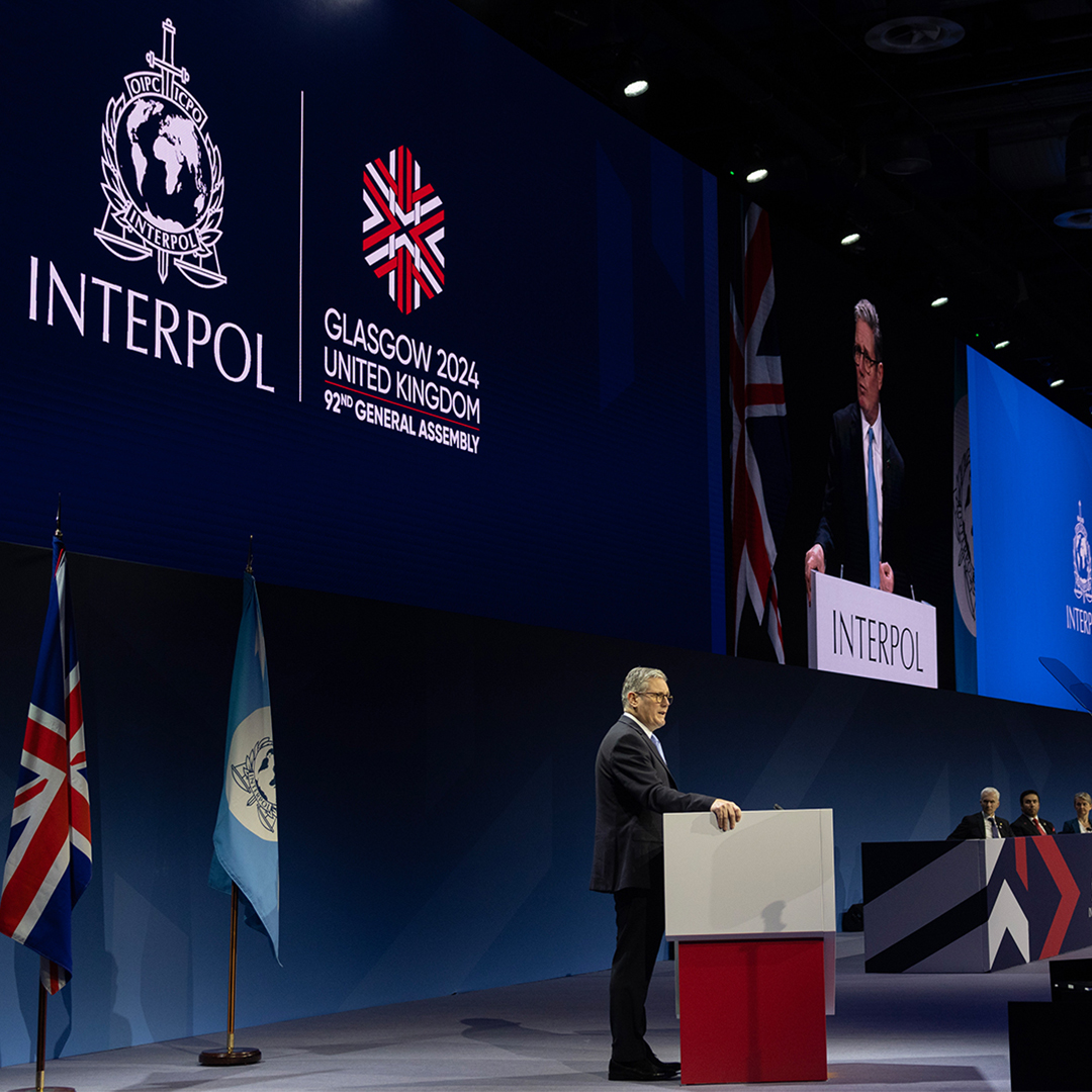 Prime Minister Sir Keir Starmer speaking at Interpol